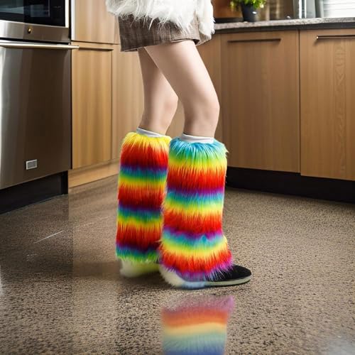 Women Vintage Rainbow Colorful Plush Leg Warmer Fuzzy Thickened Boot Toppers Cuff Furry Leg Long Socks Partywear3