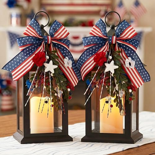 JOHUNT Patriotic Lanterns Decorative Indoor, 2 Pack Black Lantern with Timer Flameless Candle, 14' Battery Waterproof Outdoor Hanging 4th of July Lanterns for Porch, Patio, Patriotic Decorations