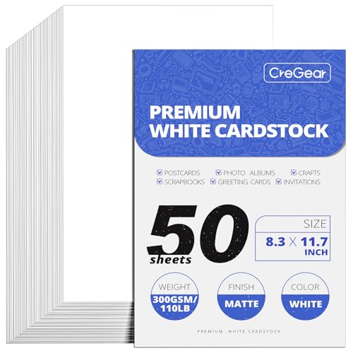 CREGEAR 50 Sheets White Cardstock Paper A4 (8.3 x 11.7), Thick Cardstock 110lb/300gsm Card Stock Printer Paper for Card Making, Invitations, Menus, Scrapbooking