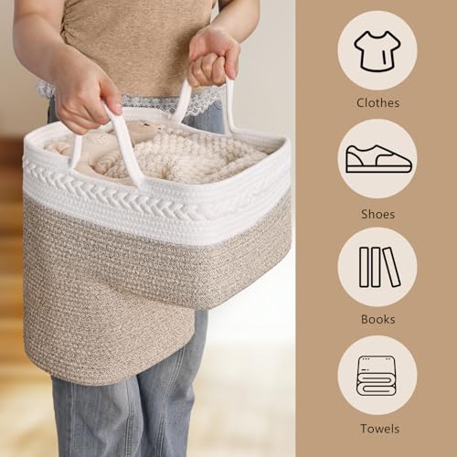 Image of Woven Stair Basket, Stair Baskets for Wooden Stairs, Carpeted Stairs Storage Basket with Handles, Staircase Baskets for Toys, Books, Brown, 15 inch L x 10 inch W x 15 inch H
