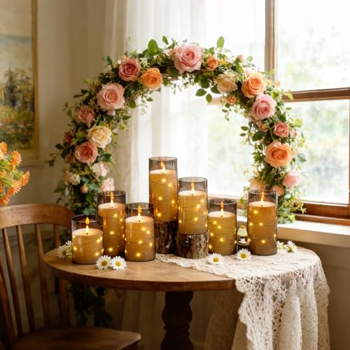 Image of kakoya Flameless LED Candles with Timer 12 Pc Flickering Flameless Candles for Romantic Ambiance and Home Decoration Stable Acrylic Shell,with Embedded Star String,Battery Operated Candles(Grey)