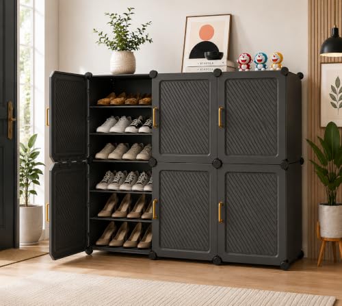 Image of YASONIC Premium Modular Plastic Shoe Rack for Home with Door | 18-Tier Stackable Shoe Organizer | Waterproof & Dustproof | Space Saving Storage for Home, Bedroom & Entryway [Grey HV18, 18-Shelf-6-Door