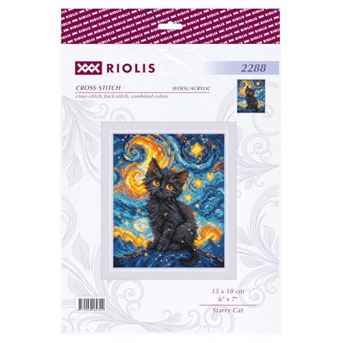 Image of RIOLIS - Starry Cat 2288, Cross Stitch Kits 6 inchx7 inch, Cat Cross Stitch Kits for Beginners & Advanced, Crossstitching Kit Adult, Animals Embroidery Counted Stitching Kit