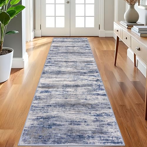 KOZYFLY 3x8 Area Rug Modern Ombre Area Rug for Bedroom, Washable Rug Non-Slip Soft Striped Living Room Rug, Print Distressed Grey-Blue Abstract Carpet for Laundry Nursery