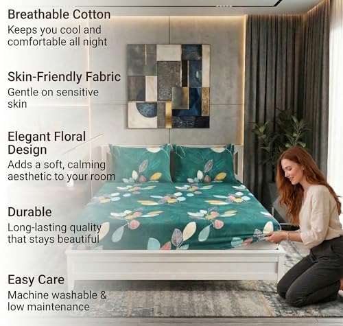 Image of BSB HOME 210 TC Cotton Double Bedsheet with 2 Pillow Covers, Soft Breathable Fabric, Elastic Fitted Sheet, Wrinkle Resistant, Deep Pocket Fit - 78 x 72 + 10 Inches (Spruce Green)
