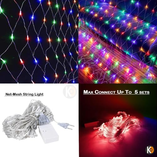 Image of K D ED Net Mesh String Lights - 192 LEDs, 9.8Ft x 6.6Ft, Warm Multi, 8 Modes, IP44 Waterproof, Connectable for Diwali, Navratri, Christmas (Net Mesh Multi Jali)