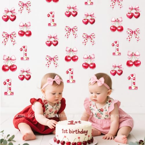 Image of Cherry 1st Birthday Decorations Sweet Floral Cherries Pink Bow Hanging Streamer Garland Banner for Happy First Birthday Baby One Year Bday 1st Wedding Anniversary Party Decorations Supplies