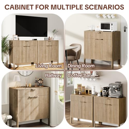 Image of Fluted Buffet Cabinet Accent with Doors & Drawer 31 inch Oak | Anti-tipping Design, Scratch & Water-resistant, Pre-drilled Easy Assembly Versatile for Kitchen, Entryway & Living Room