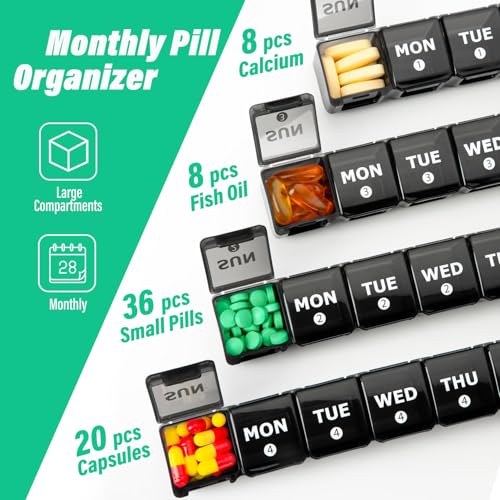 Image of Large Monthly Pill Organizer, XL 4 Weeks Pill Box,28 Day Pill Cases Organizerd by Week,Big Compartment Pill Container with Dust-Proof,for Pills /Vitamin /Fish Oil /Supplements,by Yaklim (Black)