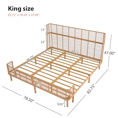 Image of Christopher Knight Home Lamar Boho Rattan King Bed Frame and Headboard, Farmhouse PE Wicker King Size Bed Frame, Metal King Platform Bed Frame, No Box Spring Needed, Easy Assembly, Natural Finish