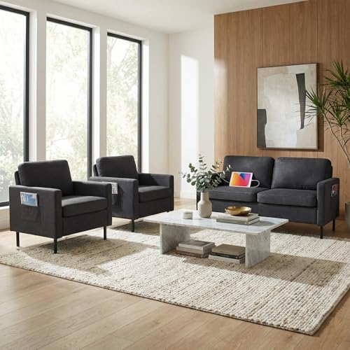 Image of STHOUYN Modern 3-Piece Living Room Set, 56 inch Grey Sofa Loveseat with USB Ports, Small Couch and Chair Set for Small Space, Apartment, Office (Grey, 2 Chairs + 1 Loveseat)