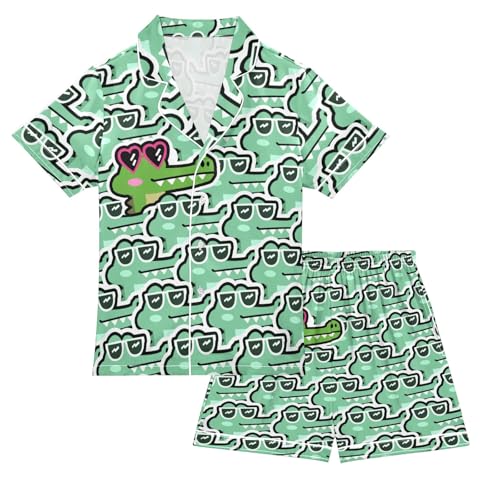 Cute Crocodile Prints Summer Satin Pajama Set, Cute Button-Down Sleepwear Pj Set for Sleep Wears