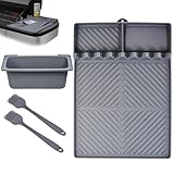 ブラックストーングリルアクセサリー4点、ドリップパッド付き大型シリコングリドルツールマット、36 28 22 17インチグリドル用シリコングリドルグリースカップライナー、シリコンバスティングブラシ2個 グレー