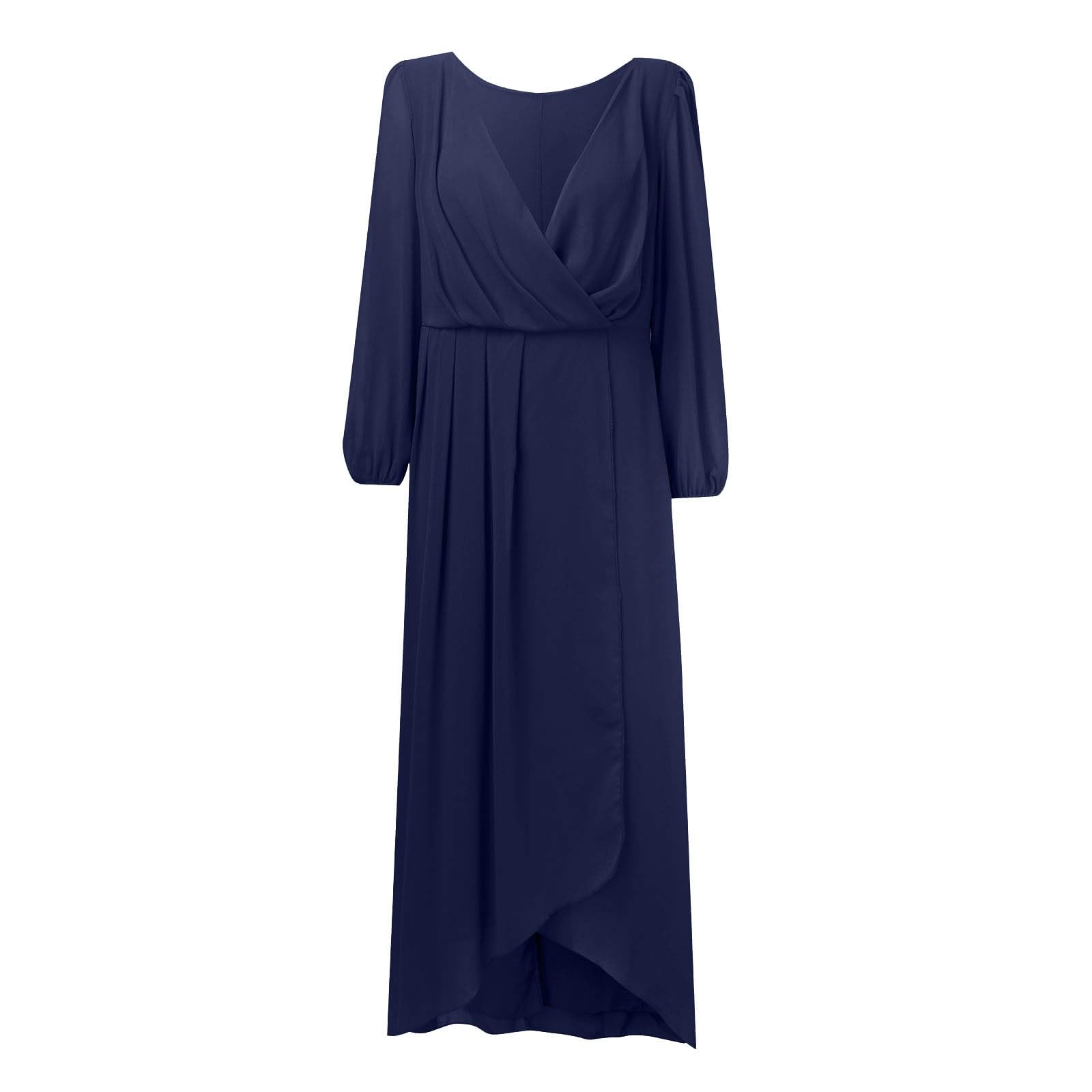 Sommerkleid Damen Damen-Chiffon-Frühlingskleid mit V-Ausschnitt Langen Ärmeln, plissiert, A-Linie, Midi-Länge, für Hochzeitsgäste (Dark Blue, XL)
