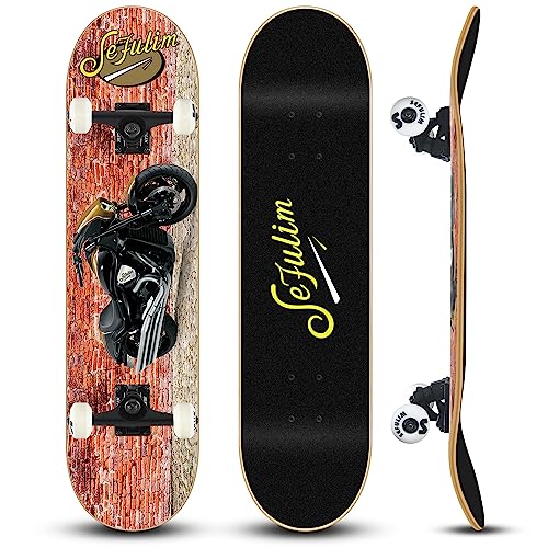 Image of 31 x 8 Inch Complete Skateboard 7 Layer Canadian Maple Double Kick Deck Concave Cruiser Trick Skateboard for Boys Girls Teens Adults Beginner