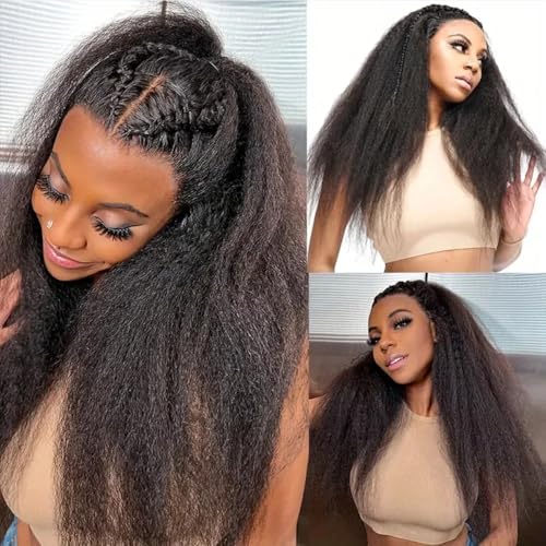 Image of Kinky Straight Human Hair Wig 4x4 Transparent Lace Closure Kinky Straight Wigs 180% Density Yaki Glueless Wigs Human Hair for Black Women Natural Black (24inch)