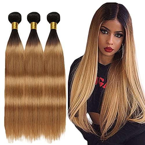 AuokMar 1B/27 Straight Honey Blonde Bundles Human Hair Cheap Hair Bundles 12 14 16 Inch 3 Bundles Ombre Blonde 100% Unprocessed Real Virgin Hair Bundles 300g Double Weft Blonde Weave with Black Root