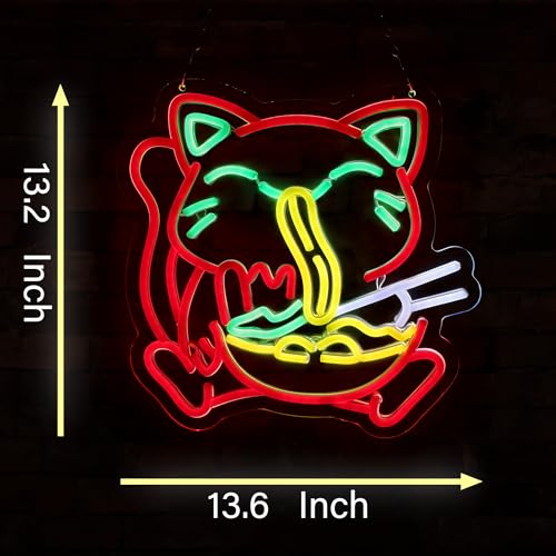 Image of Ramen Neon Sign Ramen Cat LED Light Wall Decor for Living Room, Dining Room, Ramen Shop - Unique Gift for Cat Lovers, Ramen Lovers 12.8 * 16.6 Inch