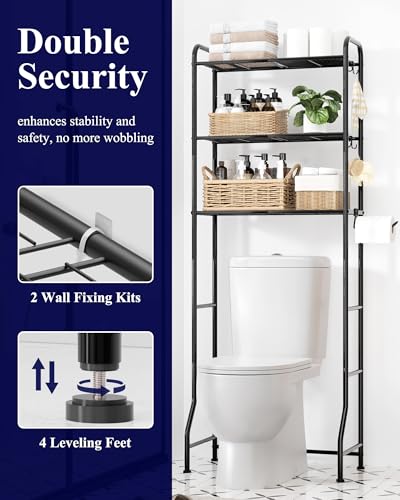 Image of Kitsure Over Toilet Storage Rack - Metal Over Toilet Bathroom Organizer Shelf, Over The Toilet Storage Cabinet with Paper Holder and Hooks, Bathroom Cabinet for Laundry, Black, 3 Tiers (63.4 inch H)