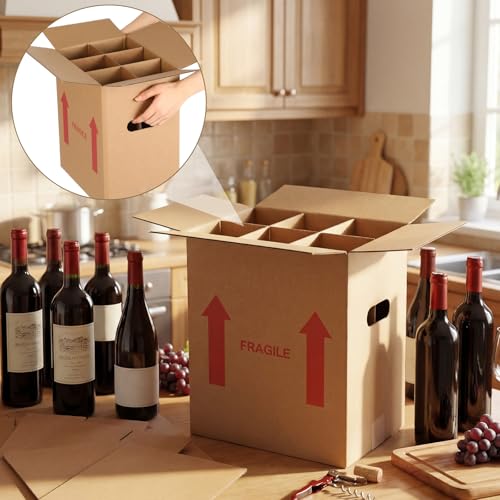 Image of Tatuo 20 Pack Wine Box for Moving, 6 Bottle, with Divider, 13 x 11 x 8 in | Liquor Shipping Packing Box Bulk, Corrugated Cardboard, Reinforced Bottom, Break Resistant, Heavy Duty, Cellar Storage
