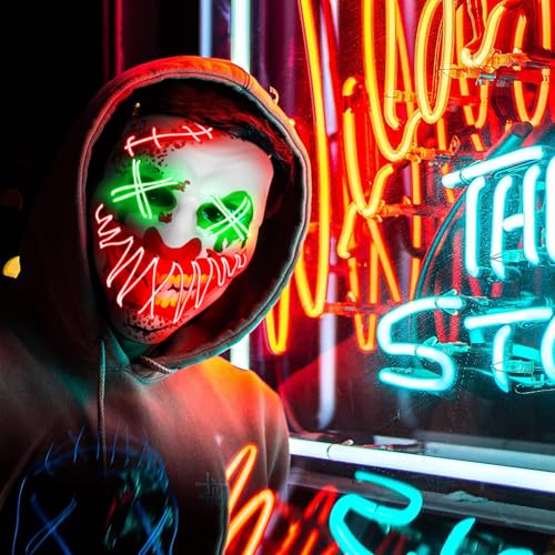 Halloween LED Clown Mask for Aldult & Kids,EL Wire Scary Purge Mask for Cosplay Costume,Light up for Festival Party