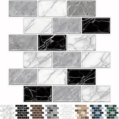 URCOLOR 10-Sheet Back Splashes for Kitchens Peel and Stick,12"x12" Self Adhesive Stick on Backsplash for Bathroom Black White Grey Marble Look