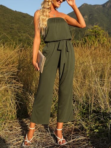 ZESICA Women's Casual Off Shoulder Solid Color Strapless Belted Wide Leg Jumpsuit Romper,Army Green,Medium - Thumbnail 4