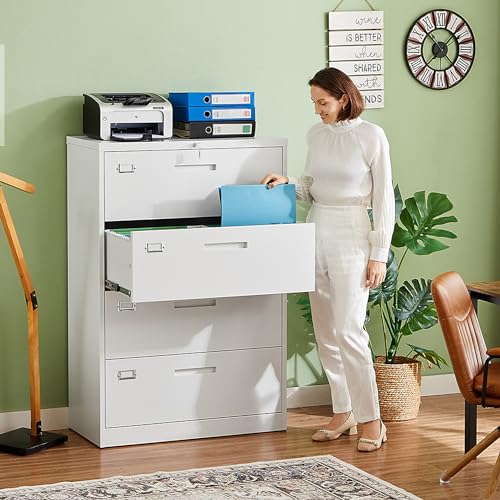 Image of Letaya 4 Drawer File Cabinet with Lock, Metal Lateral Filing Cabinet Wide Office Organization Storage for Home Office Hanging Letter /Legal /F4 /A4 (White-Requires Installation)