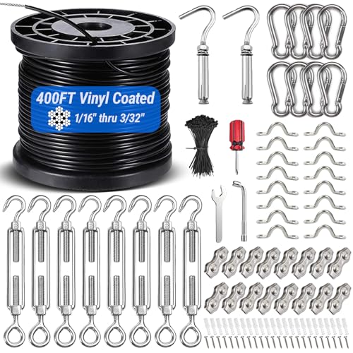 String Light Hanging Kit with 400FT Vinyl Coated 304 Stainless Steel Wire Rope, Globe String Light...