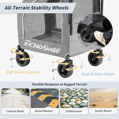 EchoSmile Hundewagen für Kleine und Mittelgroße Hunde bis 20kg, Geländegängige Faltbar Hundebuggy mit Doppelbremsen, Sicherheitsgurte im Auto & Netzfenstern, Grau