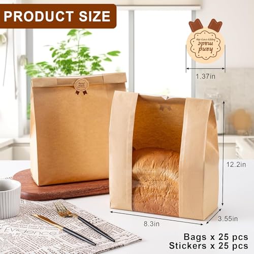 Image of 25 Pieces Paper Bread Bags, Large Bakery Sourdough Bread Bags for Homemade Bread with Window Includes 25 Pieces Label Seal Stickers for Homemade Bread Storage (8x21x32 cm)
