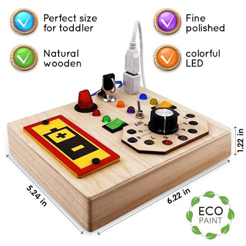 Image of Wooden Montessori Musical Busy Board for Toddlers for 3-5 Year-Old with Mechanical Turner, Colorful Bulbs, Switches, Buttons - Enhance Sensory, Motor Skills (Updated)