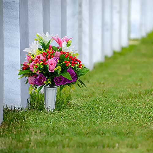 Flores artificiales cementerio con lirios artificiales y jarrón decorativo para lápida, 2 sets 8