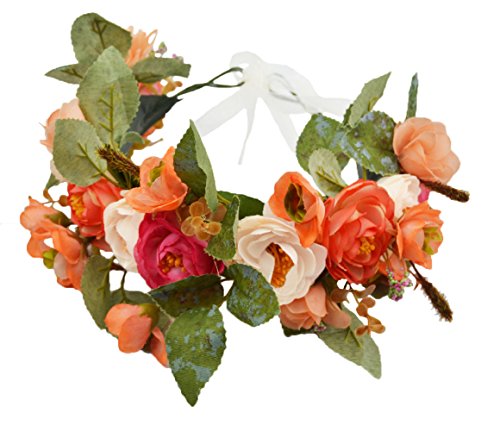 Vivivalue Rose Flower Crown Boho Flower Headband Hair Wreath Floral Headpiece Halo with Ribbon Wedding Party Festival Photos Orange