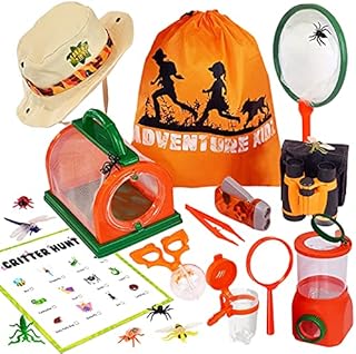 Adventure Kidz Outdoor Bug Exploration Kit, Binoculars, Magnifying Glass, Bug Containers and Viewers, Critter Cage, Butterfly Net, Backpack, Hat,Torch, for Boys and Girls