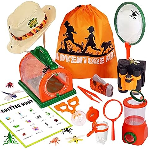 Adventure Kidz Outdoor Bug Exploration Kit, Binoculars, Magnifying Glass, Bug Containers and Viewers, Critter Cage, Butterfly Net, Backpack, Hat,Torch, for Boys and Girls Cover