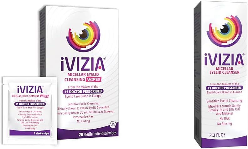 iVIZIA Eyelid Cleansing Bundle with 20 Sterile Single-Use Preservative-Free Wipes and 3.3Fl Oz BAK-Free Micellar Eyelid Cleanser