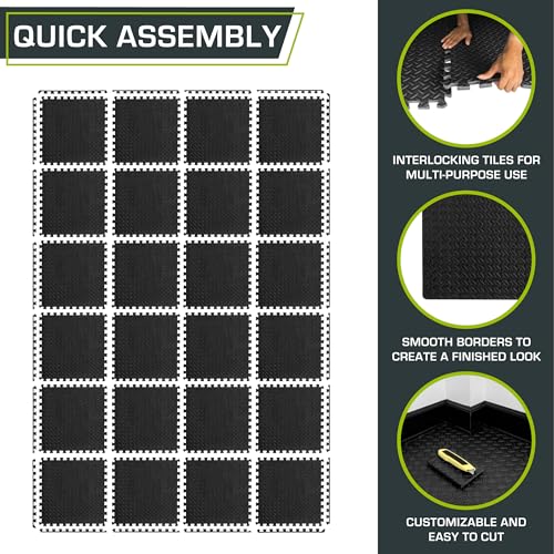 Image of ProsourceFit Exercise Puzzle Mat 1 /2-inch, EVA Interlocking Foam Floor Tiles for Home Gym, Workout Equipment, Kids Play Areas, Black, 96 SQ FT - 24 Tiles