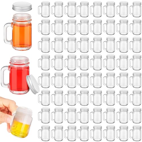 Mifoci 100 Pieces 1 oz Mini Mason Jar Shot Glasses with Lids Bulk Mason Jar Drinking Glasses with Handles Reusable Mugs Transparent Cups Set for Home Picnic Party, Dessert, Candle, Craft