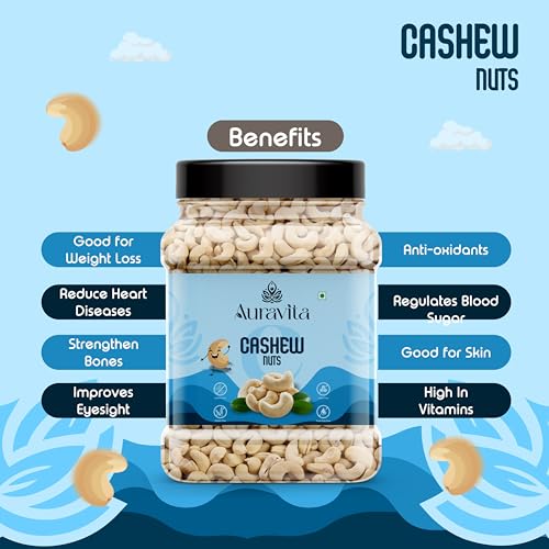 Image of Auravita Premium Whole Cashews 500gm | Natural and Unsalted Kaju Ideal for Dieting, Snacking, Cooking, and Baking | Protein Rich Kajau Dry Fruits Perfect for Gifting