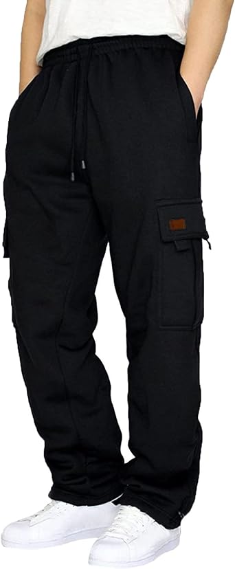 Mens Heavyweight Fleece Cargo Sweatpants Baggy Sweat Pants with Pockets Elastic Waist Drawstring Joggers Trousers