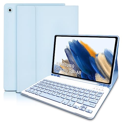 【Tastiera Bluetooth Wireless Rimovibile】 La custodia per Tablet Samsung Galaxy Tab A8 con tastiera utilizza un design separato con magnete a scatto,Può essere facilmente rimosso quando la tastiera non è necessaria.La bluetooth tastiera Samsung Galaxy Tab A8 2021 offre un input silenzioso, morbido e reattivo. (il raggio di connessione è fino a 10 M)