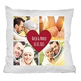 PERSONALISIERTES FOTOGESCHENK, Kissen bedruckt mit Ihren Fotos (4 Fotos), Wunsch-Datum und Namen personalisierbar, Kissenbezug aus 100% Polyester, 40x40 cm groß