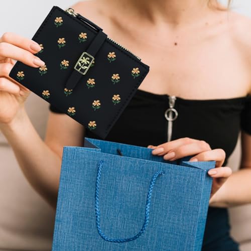 Cute Black Small Wallets Coin Purse Minimalist Flower Design Women's Travel Wallets Leather Credit Card Holder with ID Window Kawaii Cash Wallet for Women4