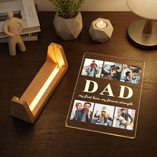 Image of Giftplease Rectangular Acrylic Wood Tabletop Photo Frame for Fathers Day | Custom Picture Layout Warm Led Light Base Desktop Night Decor Standee for Papa Dad Husband Stepdad Grandfather