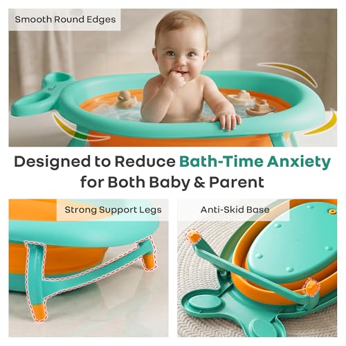 Image of R for Rabbit Bubble Double Finzy Baby Bath Tub Foldable for Kids 9 Months-3 Years | Womb Cocoon Bathtub Design | Anti-Skid Base | Quick Drain Plug | Space Saving Pool Bather with Tray (Green Orange)
