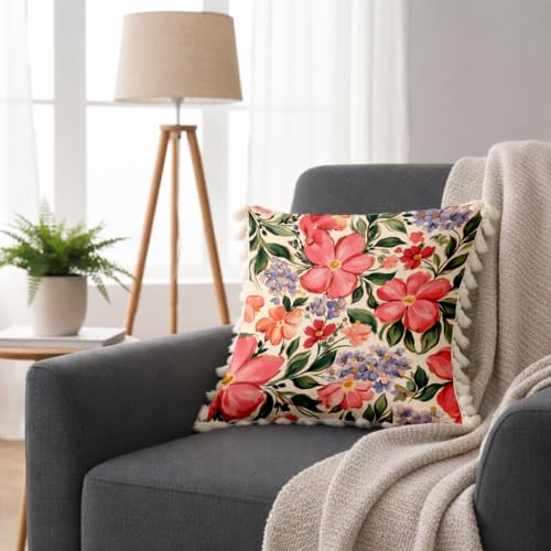 Image of STITCHNEST 'Little Meadow Series' Tassled Cushion Cover | Set of 2 | Floral Cushion Cover 24 inch x 24 inch