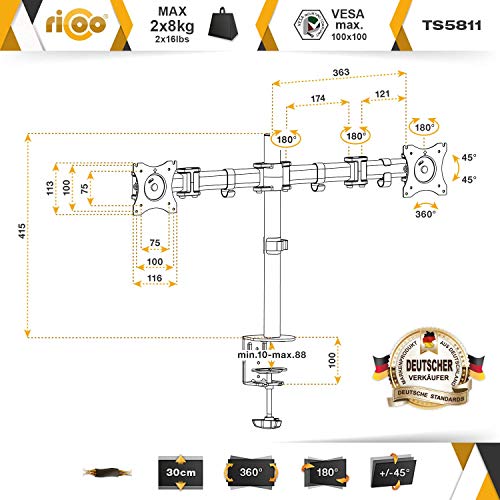 RICOO TS5811, Supporto Monitor scrivania, Girevole, Inclinabile, Schermi 15-27