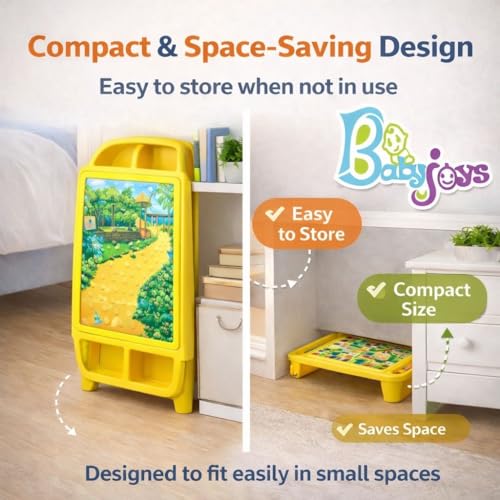 Image of Multipurpose Plastic Study Table with Side Storage - Kids Activity & Laptop Table with Elegant Scenery Print (Yellow)