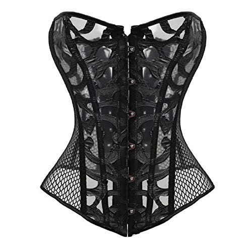ZIXUN Women's Corset Satin Black Overbust Lace Up Busiter Shapewear Outfit Mesh Breathable (L)